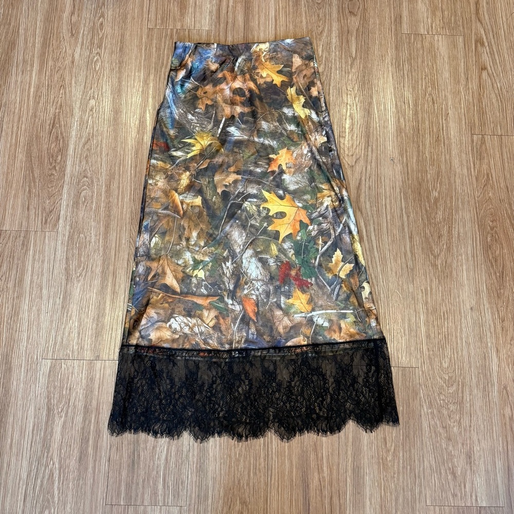 Dressed in LALA Camo Maxi Skirt with Black Lace Hem